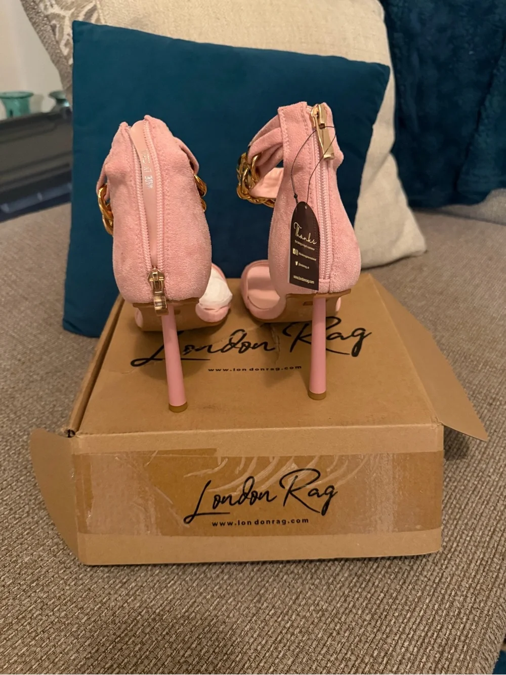 NEW! London Rag Pink Suede Heeled Sandals with Gold Chain Ankle